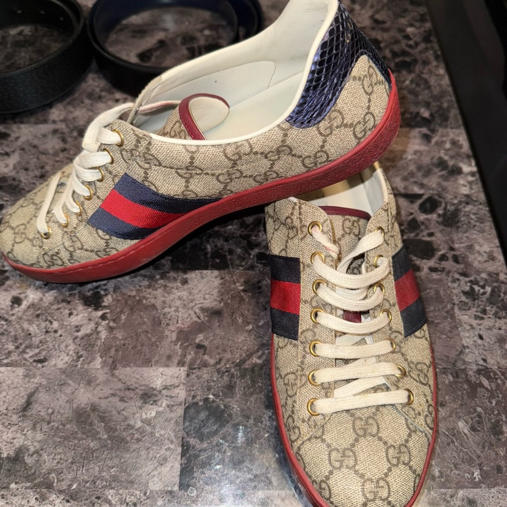 Gucci Beige Monogram Low-Top Sneakers with Red & Navy Stripe